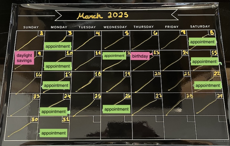 Photo of a chalkboard calendar for March 2025 with events color-coded. Appointments are in green, while daylight savings time and a friend's birthday are in pink. The actual names have been replaced with generic "appointment," "birthday," etc. typed up for legibility and privacy. 