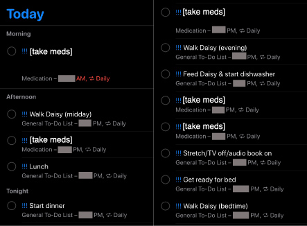 Screenshot of the iOS Reminders app in dark mode showing all the reminders scheduled for the day.
Morning: take meds
Afternoon: walk Daisy (midday), take meds, lunch
Tonight: start dinner, take meds, walk Daisy (evening), feed Daisy and start dishwasher, take meds, stretch, get ready for bed, walk Daisy (bedtime)