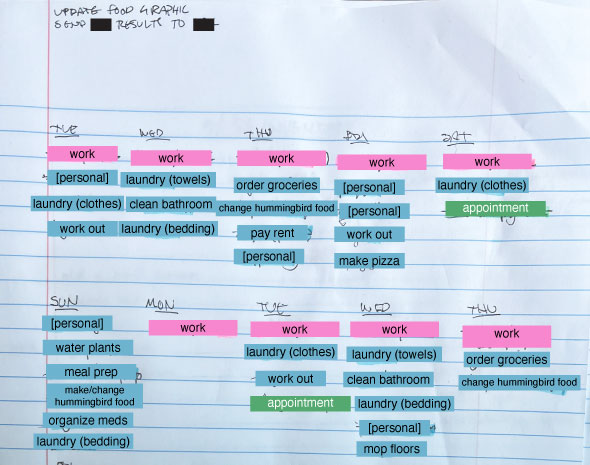 Photo of a notebook page with color-coded daily to-do lists and an ongoing list at the top. All items on the daily lists have been replaced with typed generic labels for legibility and privacy. Work is in pink, chores and other tasks are in blue, and appointments are in green.
Tuesday: work, personal, laundry (clothes), work out
Wednesday: work, laundry (towels), clean bathroom, laundry (bedding)
Thursday: work, order groceries, change hummingbird food, pay rent, personal
Friday: work, personal, personal, work out, make pizza
Saturday: work, laundry (clothes), appointment
Sunday: personal, water plants, meal prep, make/change hummingbird food, organize meds, laundry (bedding)
Monday: work
Tuesday: work, laundry (clothes), work out, appointment
Wednesday: work, laundry (towels), clean bathroom, laundry (bedding), personal, mop floors
Thursday: work, order groceries, change hummingbird food