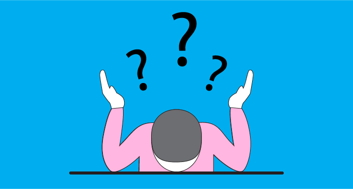 Illustration of a person with their head down on a table and hands shrugging in frustration. Three question marks hover above. The background is blue and they are wearing a pink shirt.